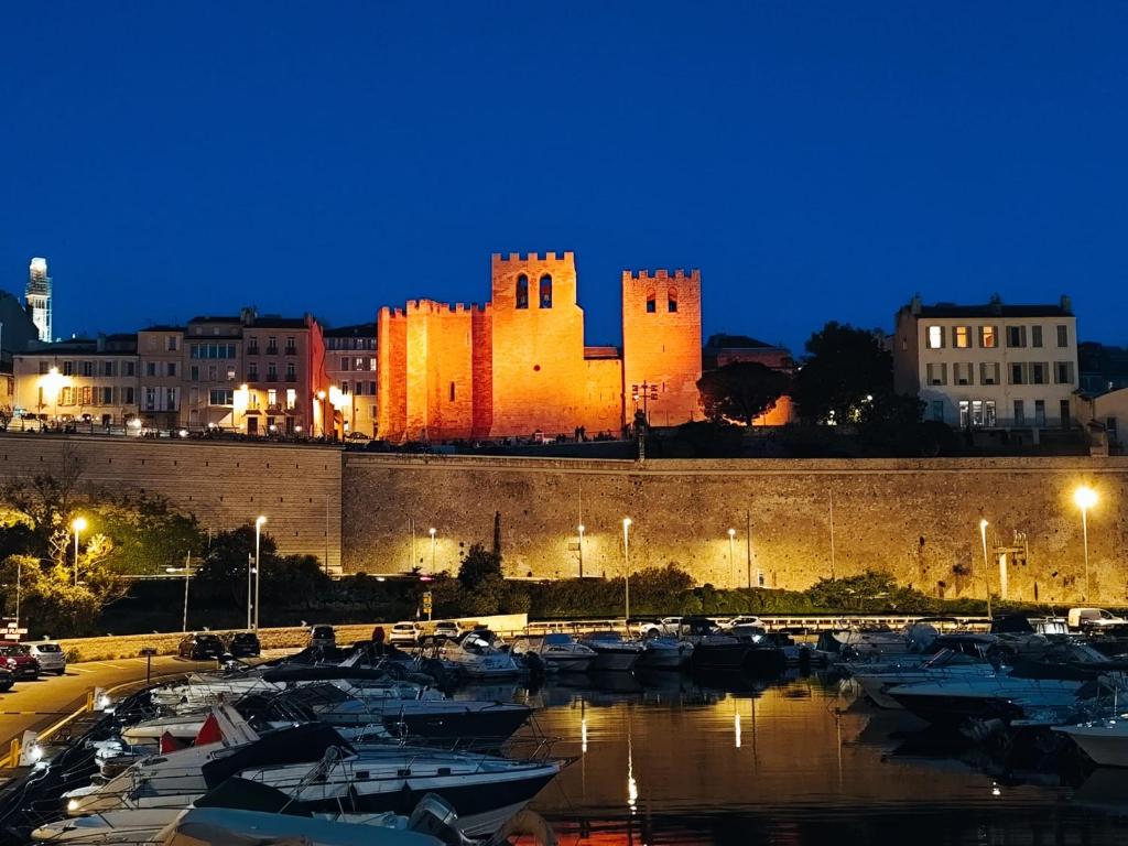 un groupe de bateaux dans un port devant un château dans l'établissement COSY studio, à Marseille