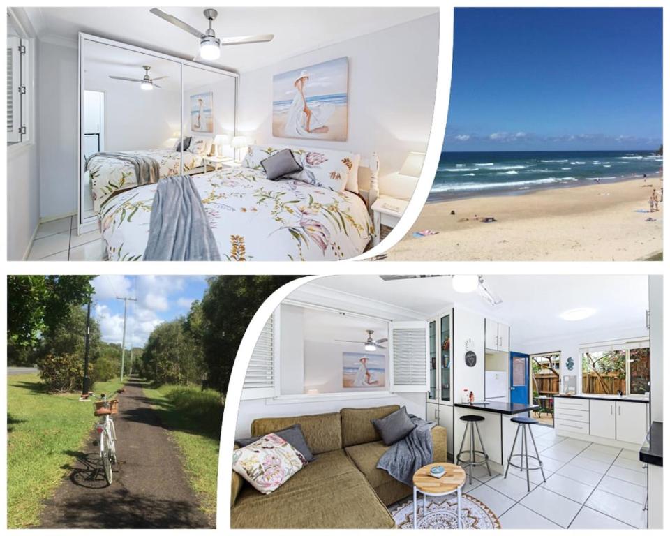 a collage of pictures of a bedroom and a beach at Tiny Comfy flat with Bikes in Coolum Beach