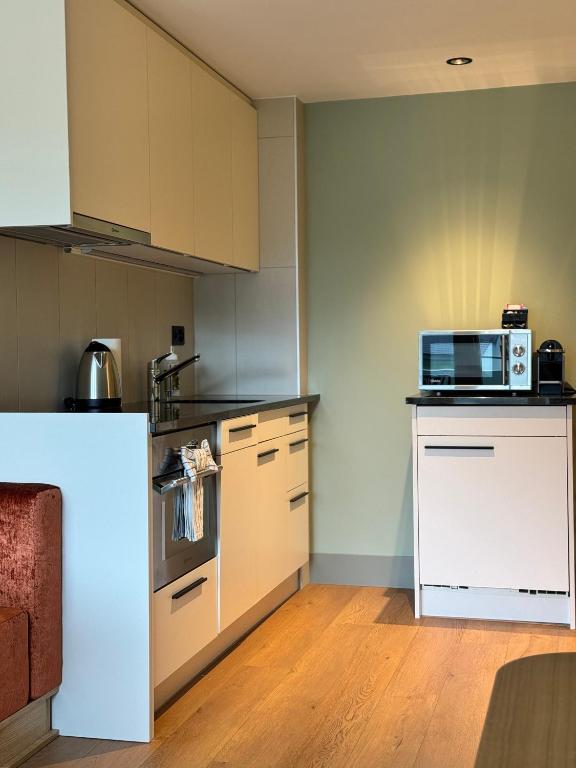 Kuchyň nebo kuchyňský kout v ubytování HOP Apartments & Suites