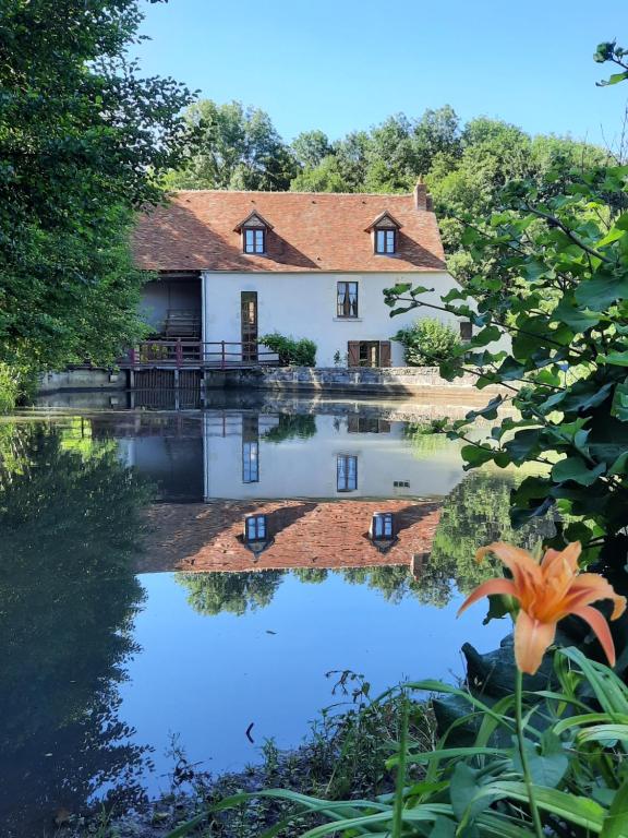 une maison avec un étang en face de celle-ci dans l'établissement Moulin de Janlard, à Nannay
