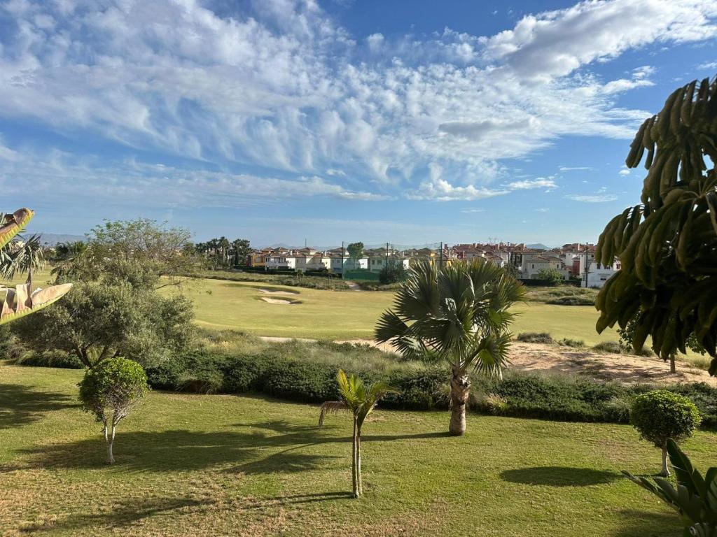 a golf course with palm trees in the grass at Casa Serenidad in Torre-Pacheco