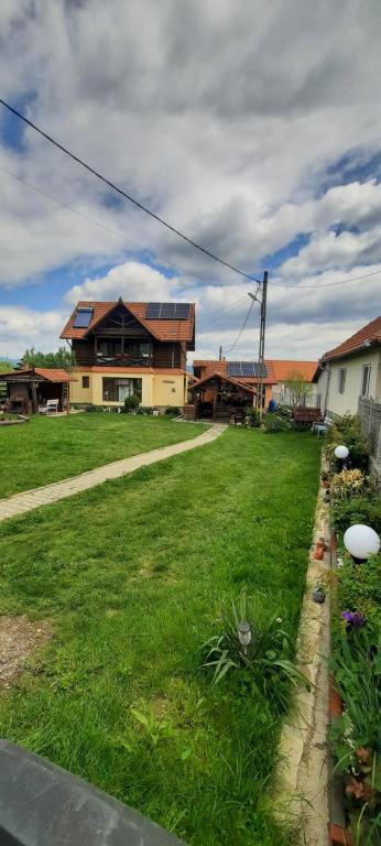 a large yard with a house and a yard at Cabana Ollie Retezat in Rîu Bărbat