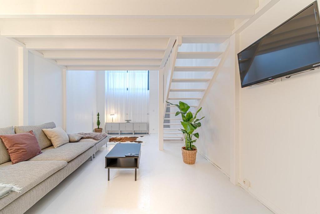 un salon avec un canapé et une télévision à écran plat dans l'établissement Duplex élégant et calme, plein centrre, à Lyon