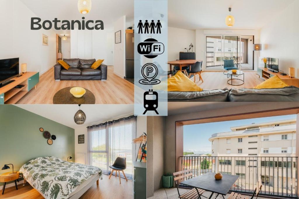 un collage de quatre photos d'un salon et d'un appartement dans l'établissement Le Botanica - 2 chambres - proche gare -parking - Wi-Fi, à Saint-Malo