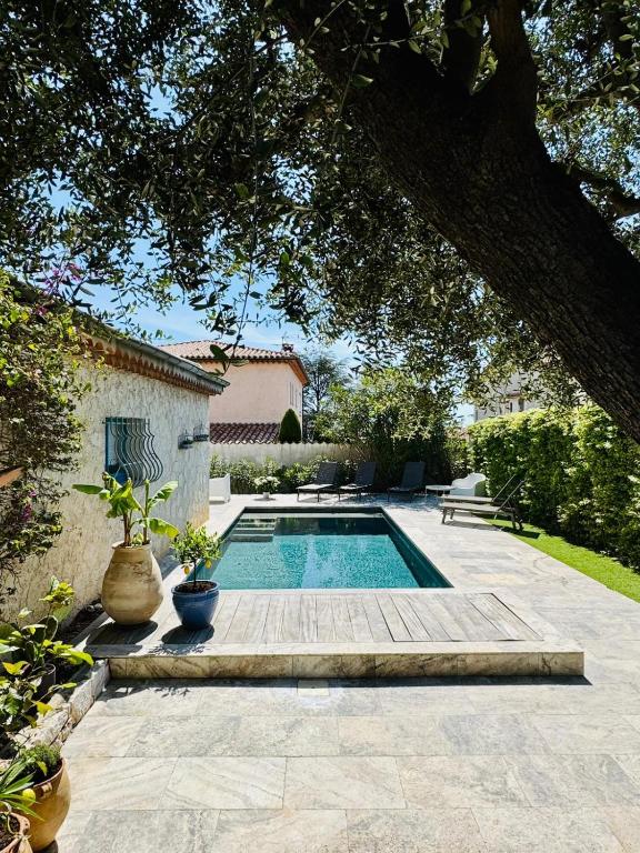 - une piscine dans une cour avec un arbre dans l'établissement Villa Lou Carou - Vue mer et Baie de Nice, à Cagnes-sur-Mer