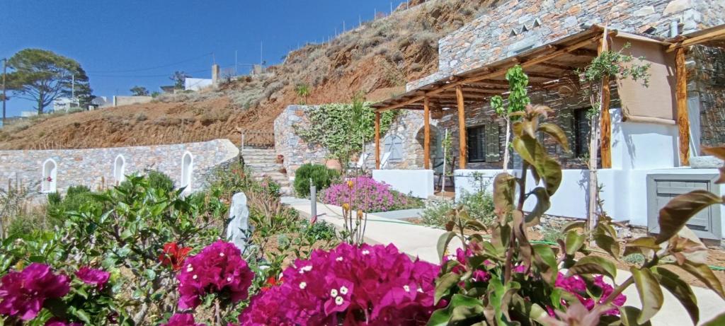 a garden with flowers in front of a house at Aliori art caves in Aegiali