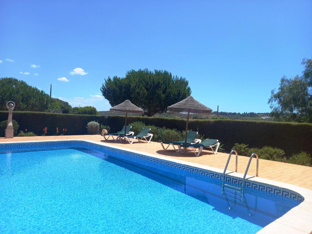 a swimming pool with chairs and umbrellas in a yard at Quinta das AVES - Apartamento T2 com Piscina Comum in Odiáxere