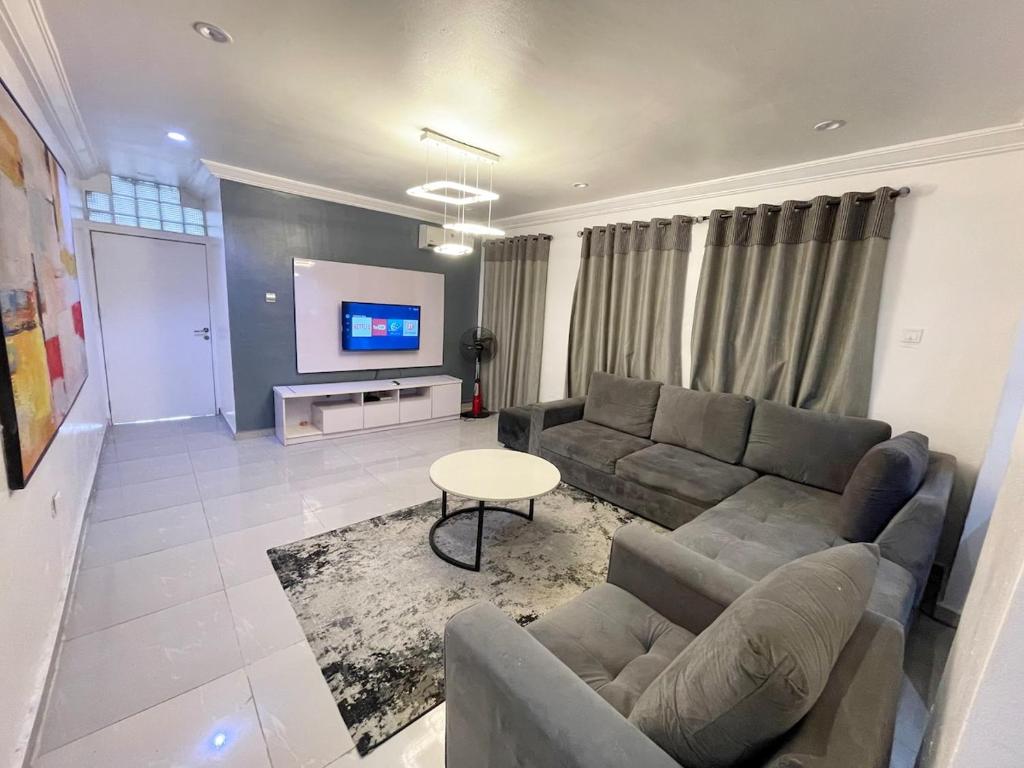 The Aire Flat في لاغوس: غرفة معيشة مع أريكة وتلفزيون