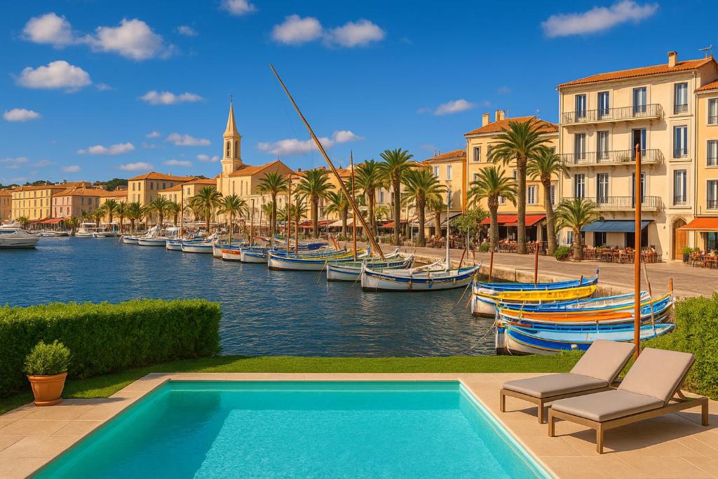 a swimming pool next to a river with boats at Les Appartements de La Marina in Sanary-sur-Mer