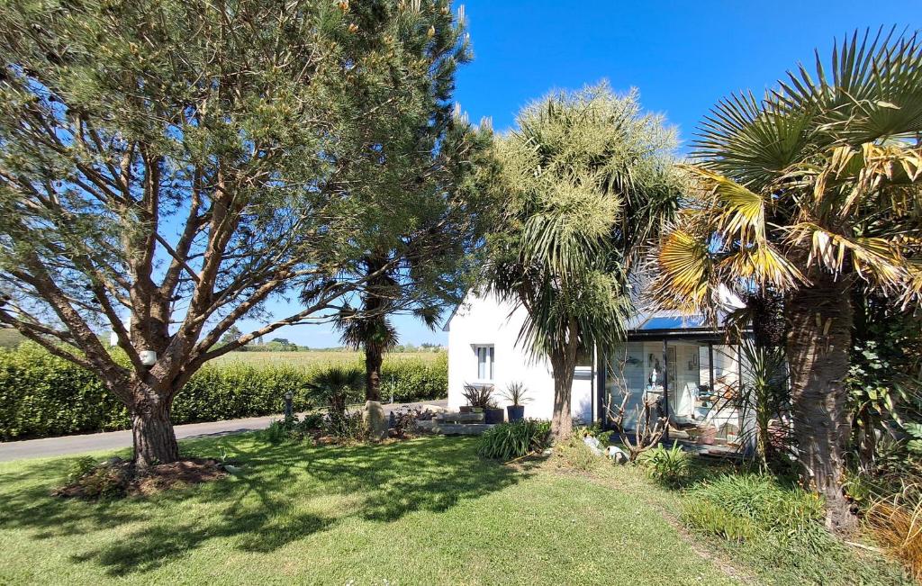 une maison blanche avec des palmiers dans la cour dans l'établissement Cozy Home In Loctudy With Wifi, à Loctudy