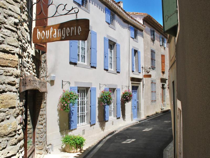un bâtiment avec des volets bleus et des fleurs dans une rue dans l'établissement La Sentinelle, à Siran