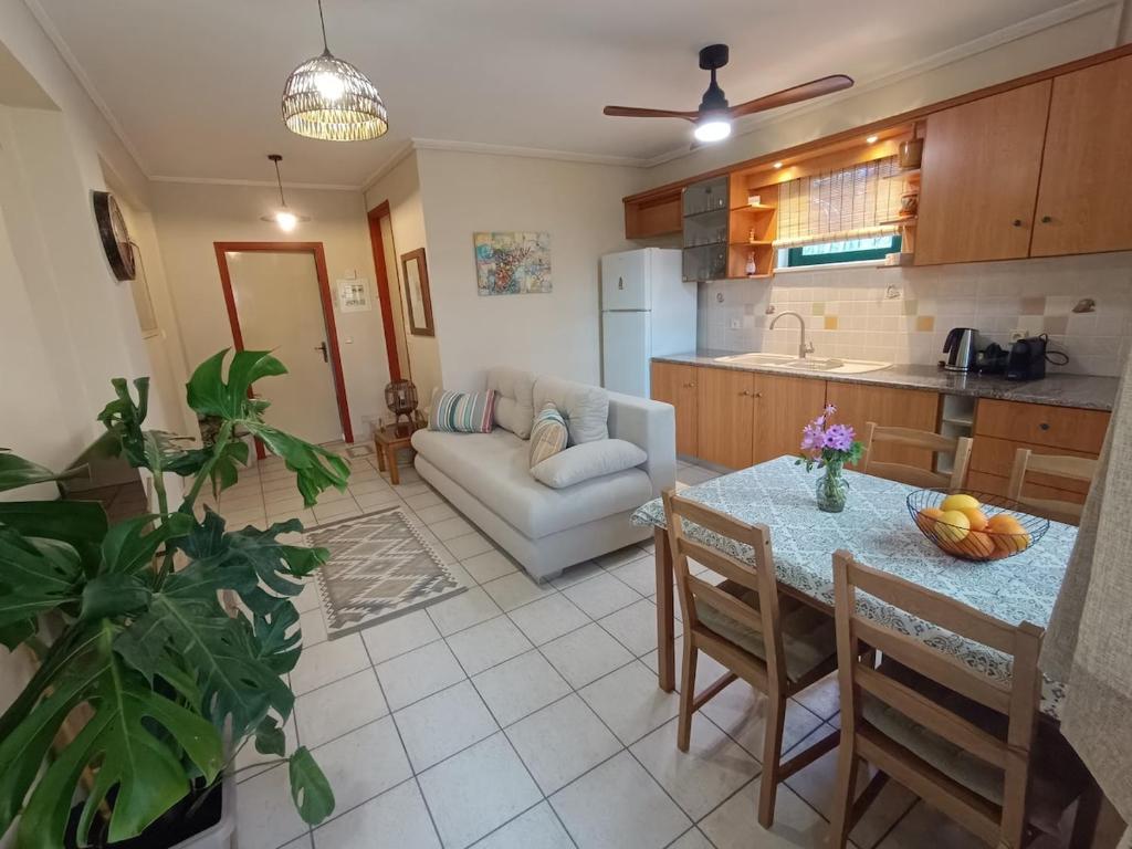 a kitchen and living room with a table and a couch at Libelloula's apartment google it in Lygia