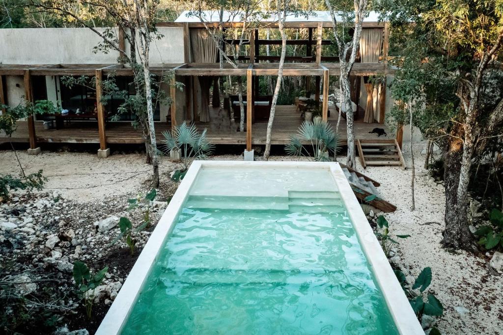 a pool of water in front of a house at Casa Xul in Tulum