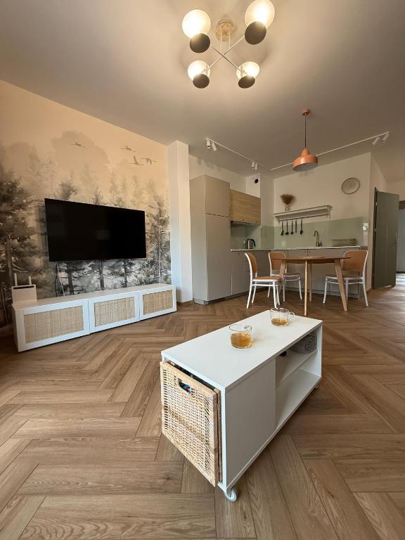 a large living room with a large flat screen tv at Apartament Forest Elegance in Charzykowy