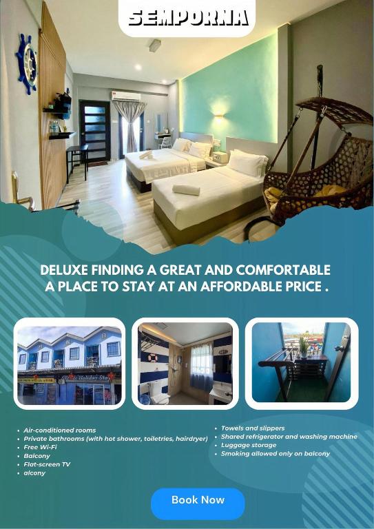 Un anuncio de una habitación de hotel con una cama y un columpio. en Ang Lee Holiday Stay, en Semporna