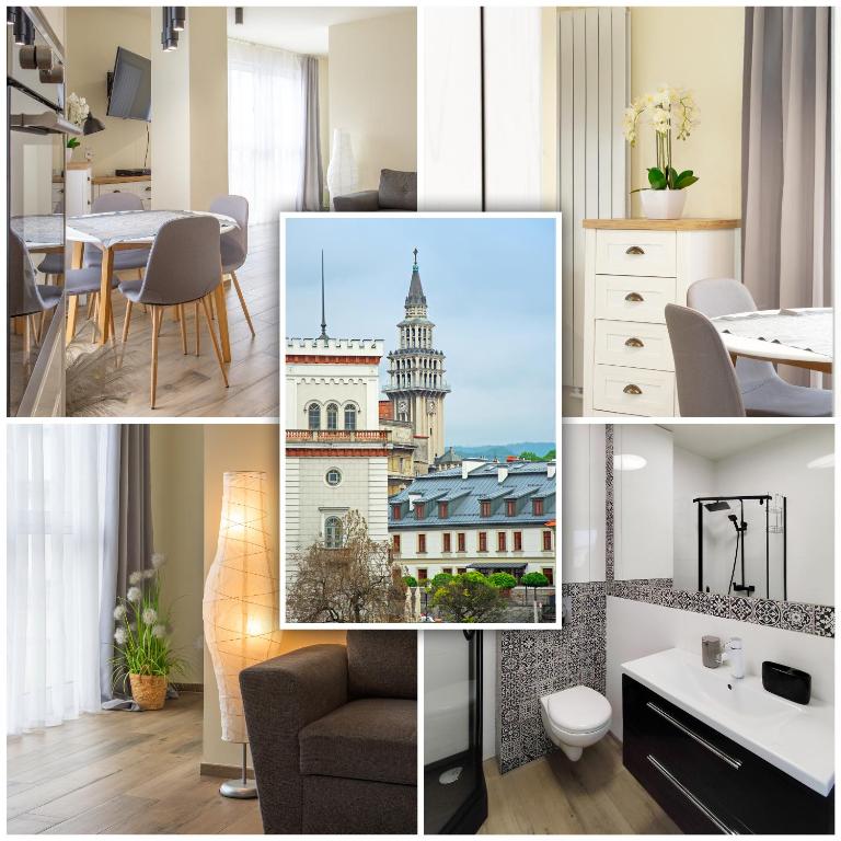 a collage of photos of a room with a building at Toscany de LUX samo centrum in Bielsko-Biała