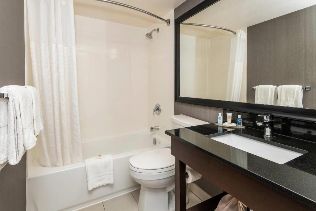 a bathroom with a sink and a toilet and a mirror at Comfort Inn in Ottawa