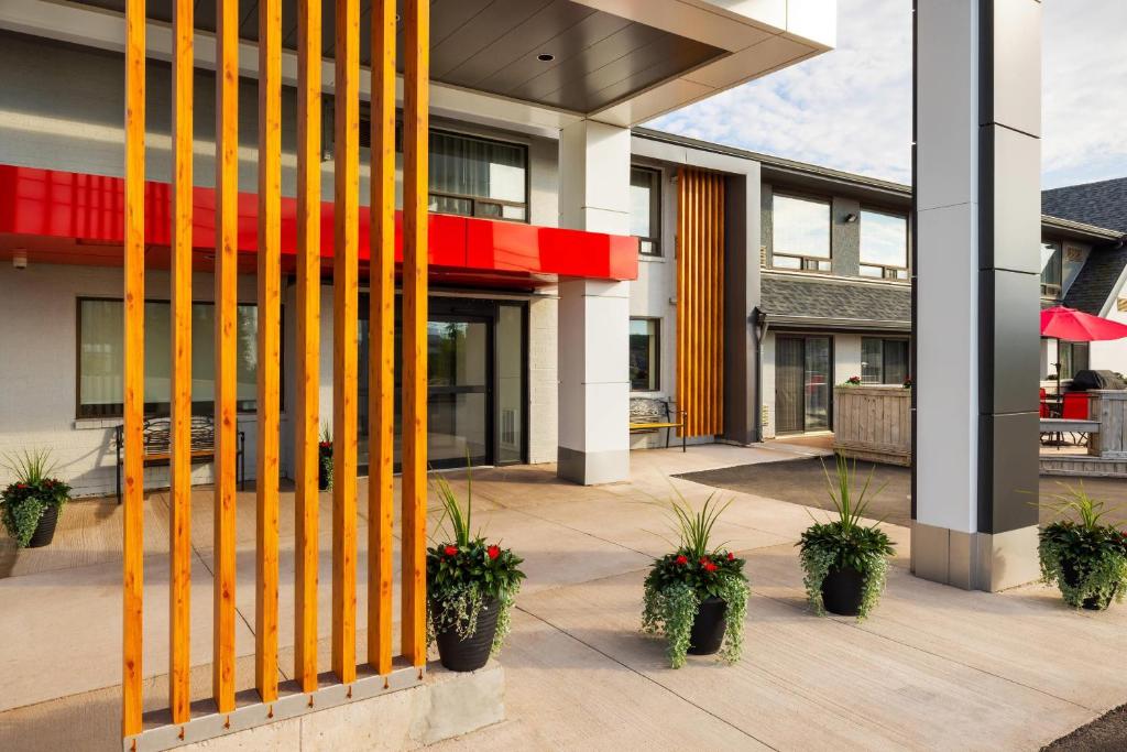 a building with yellow columns and potted plants at Comfort Inn in Charlottetown
