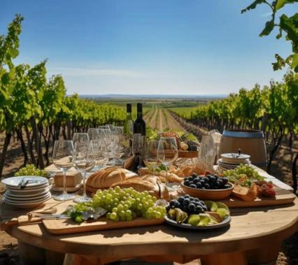 une table avec un bouquet de raisins et de verres à vin dans l'établissement Logement 4 pers - Béziers au bord du Canal du Midi à prox des plages, à Béziers