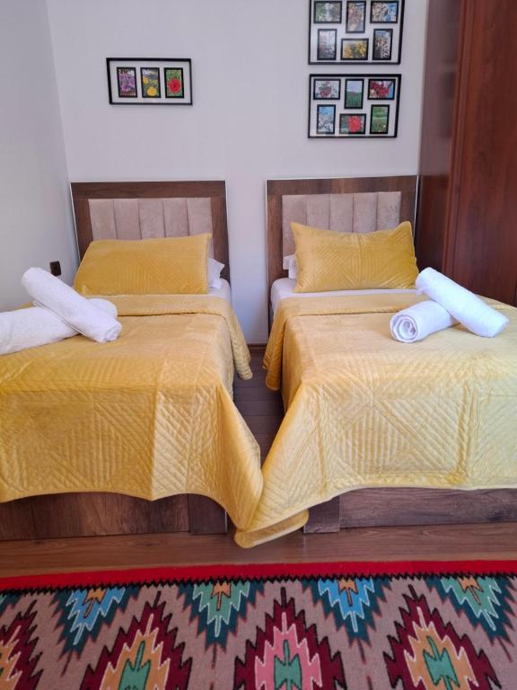 two beds sitting next to each other in a room at Vila Haznedari-City Center in Berat
