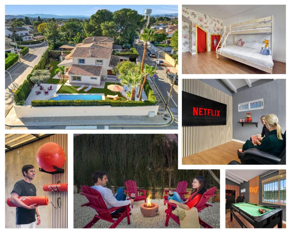 a collage of pictures of people in a house at Villa Elia, Cinema, Gym, KidsRoom, Pool & BBQ in La Eliana