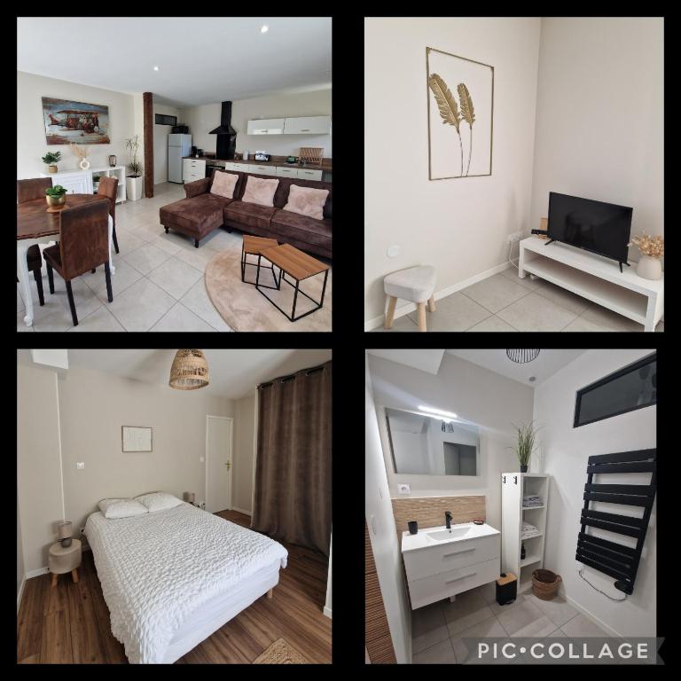 un collage de quatre photos d'une chambre et d'un salon dans l'établissement Appartement avec extérieur pour 3 à 4 personnes, à Velanne