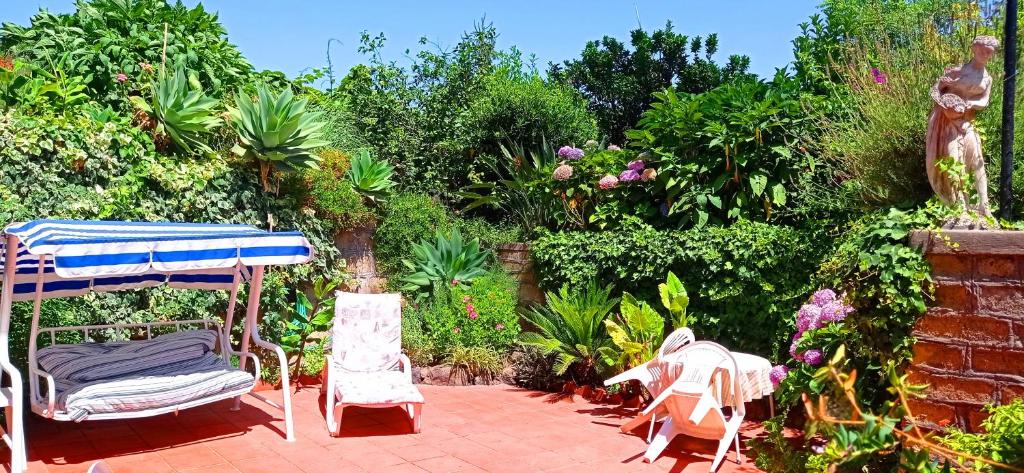 a patio with two chairs and a table and a bed at La Terrazza in Barano d'Ischia