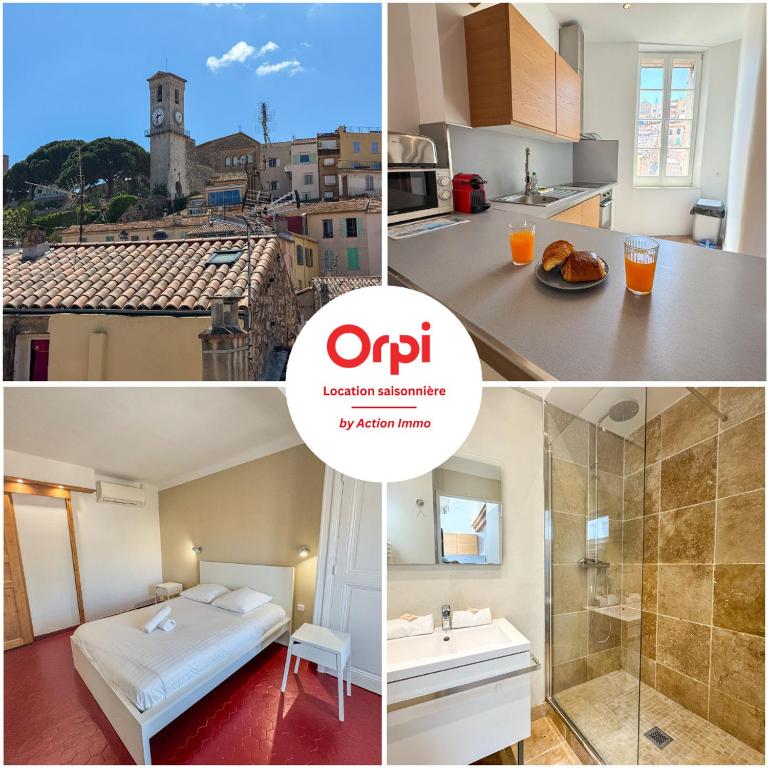 un collage de photos d'une salle de bains et d'une chambre dans l'établissement Forville Suquet View, à Cannes