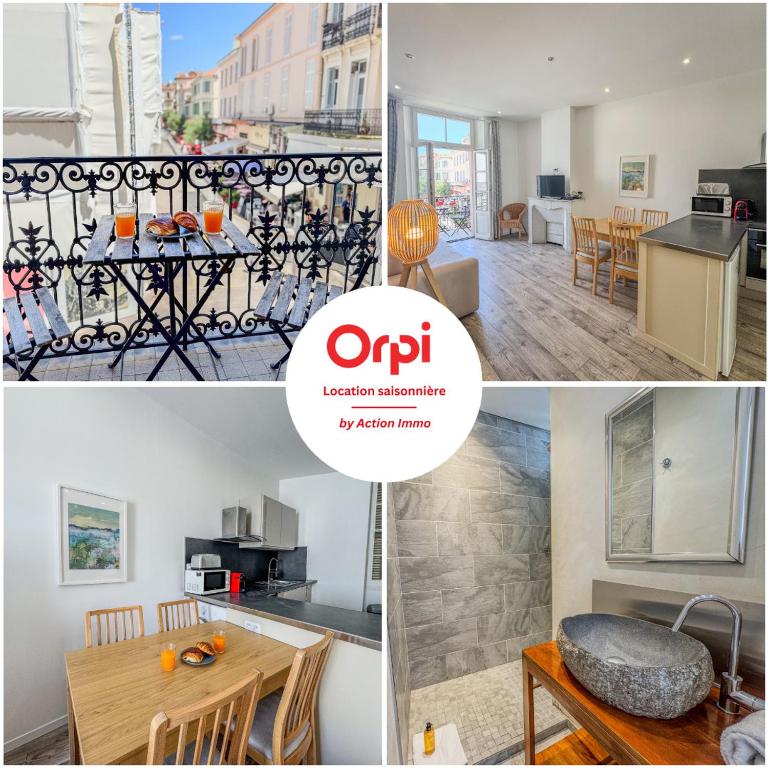 un collage de photos d'une cuisine et d'un salon dans l'établissement Forville Market View, à Cannes