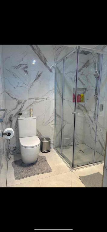 a bathroom with a glass shower and a toilet at An enchating and enriching home in Fairfield