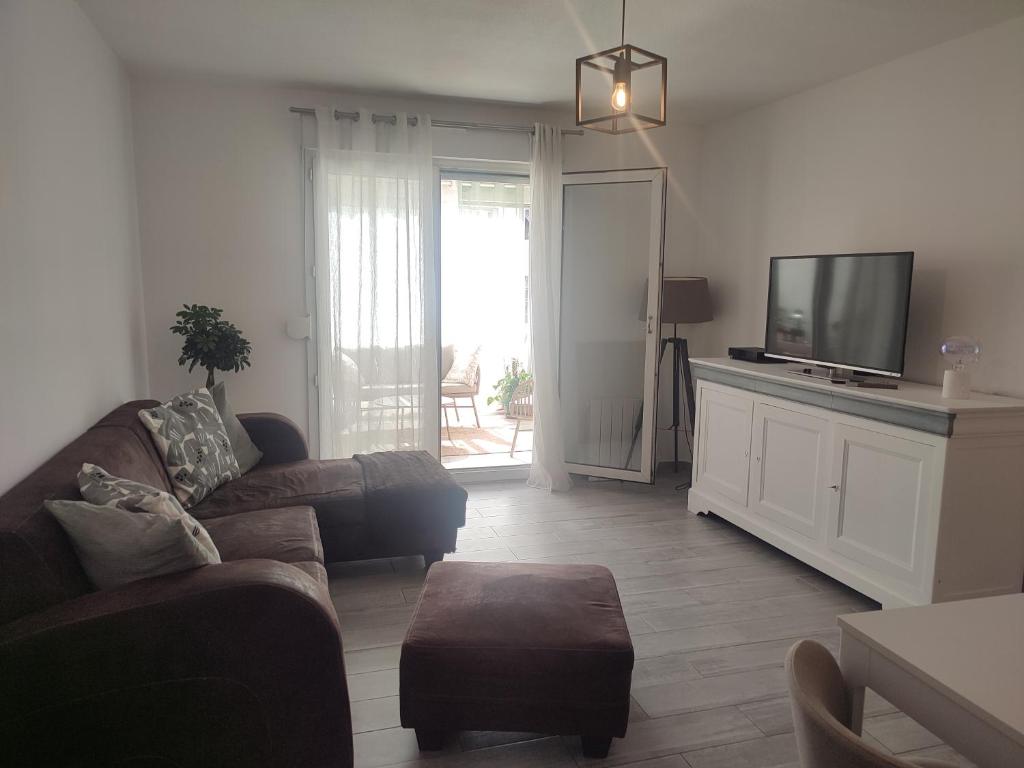 un salon avec un canapé et une télévision à écran plat dans l'établissement Superbe appartement avec piscine l'été de juin à septembre, à Nice