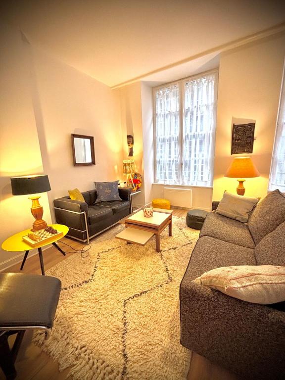 un salon avec un canapé et une table dans l'établissement Les Cactus #MaisonSavaron, à Clermont-Ferrand