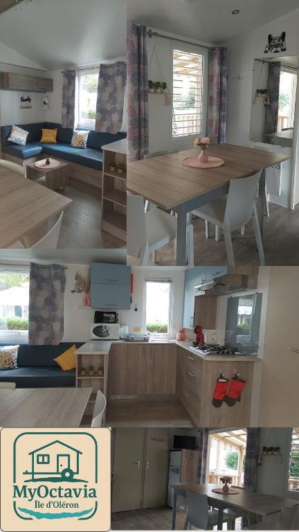 un collage de photos d'une cuisine et d'un salon dans l'établissement MyOctavia au sein d'un camping 5 Etoiles, à Saint-Georges-dʼOléron
