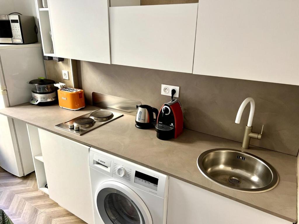une cuisine avec un évier et une machine à laver dans l'établissement Lumineux appartement dans le quartier des Fleurs, à Nice