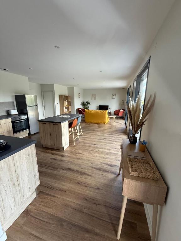 une pièce avec une cuisine et un salon dans l'établissement Maison agréable proche moulins, à Bressolles