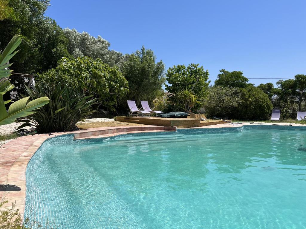 a swimming pool in a yard with chairs and trees at Monte D´Sancho in Aljezur