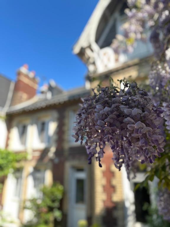 鲁昂La Villa Convivium的房子前面的一束紫色花