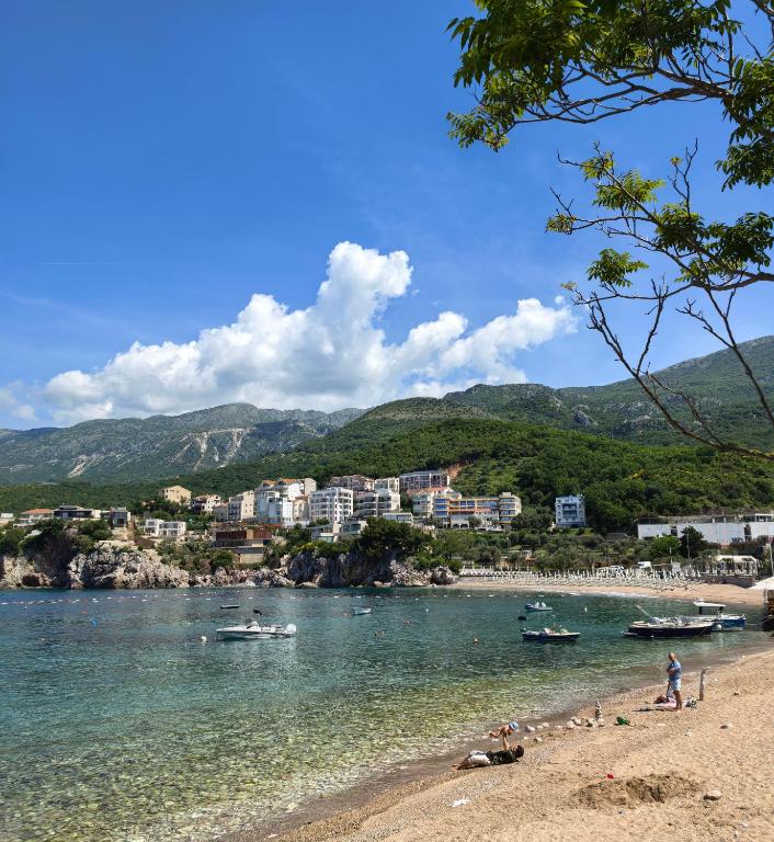 a view of a beach with boats in the water at Azure Horizon Pržno in Sveti Stefan