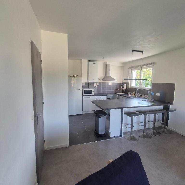 une cuisine avec une table et quelques chaises dans l'établissement Le Cardinal, à Pessac