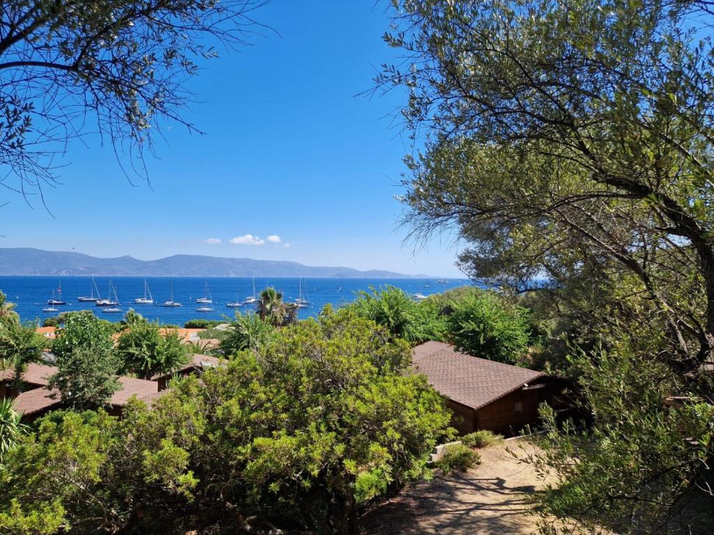 Una vista del agua y una casa con árboles. en Mare E Monti, en Porto Pollo