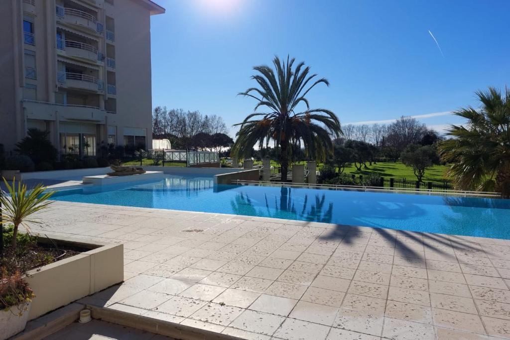 une piscine avec un palmier et un bâtiment dans l'établissement Cosy seaside apartment with a pool, à Antibes