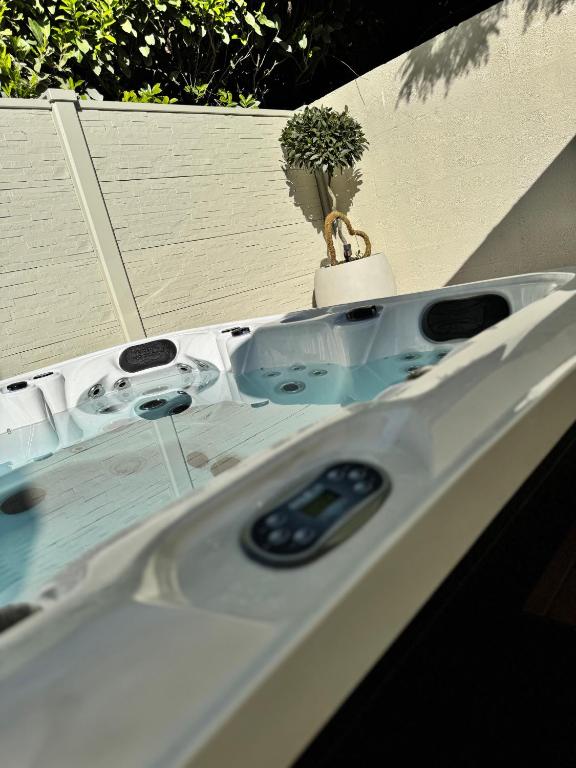 une baignoire avec une plante en pot dessus dans l'établissement L'Écrin de la Sapinière, à Merville