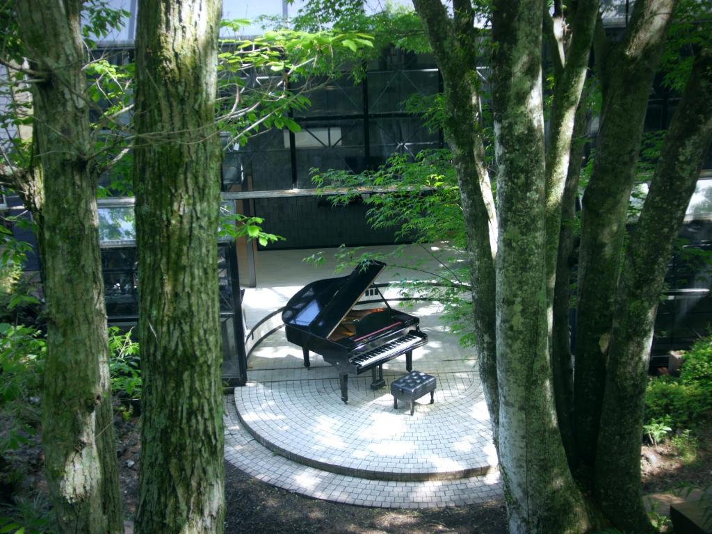Un piano negro sentado en un parque entre dos árboles. en クリエイティブな人の遊び場!最大16名リンカンスタジオRINKAN Studio, en Ito