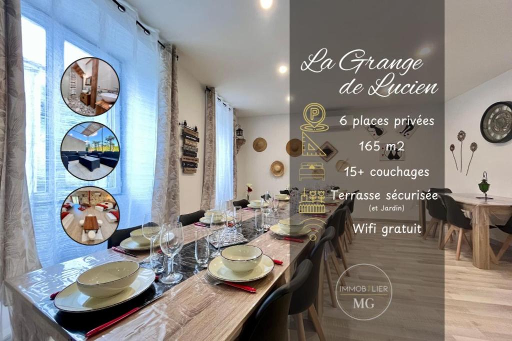 d'une salle à manger avec une grande table, des assiettes et des verres dans l'établissement La Grange de Lucien - Meyras, à Meyras