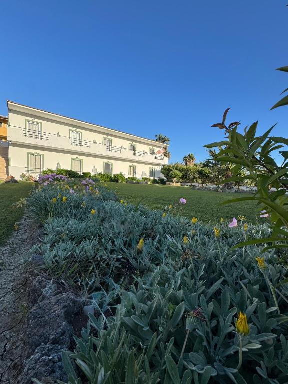 a building with a field of flowers in front of it at Irene Studios in Arillas