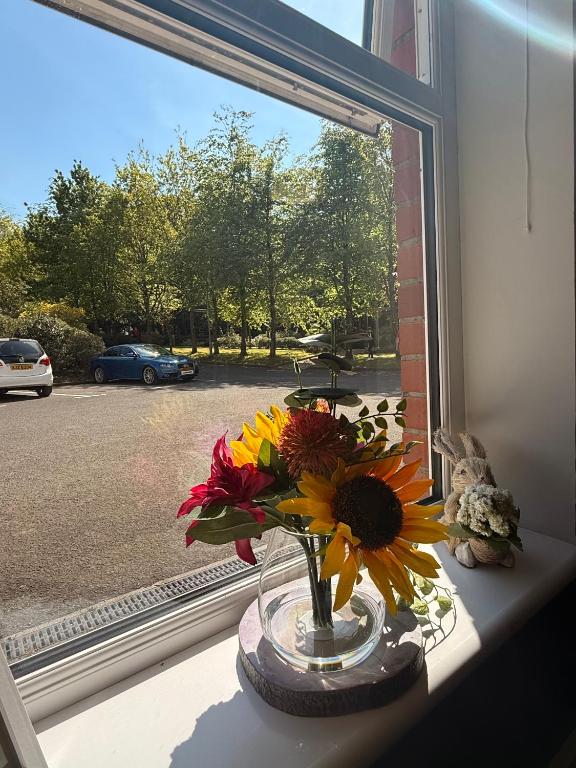 a vase of flowers sitting on a window sill at The Hedges Hotel in Stranocum