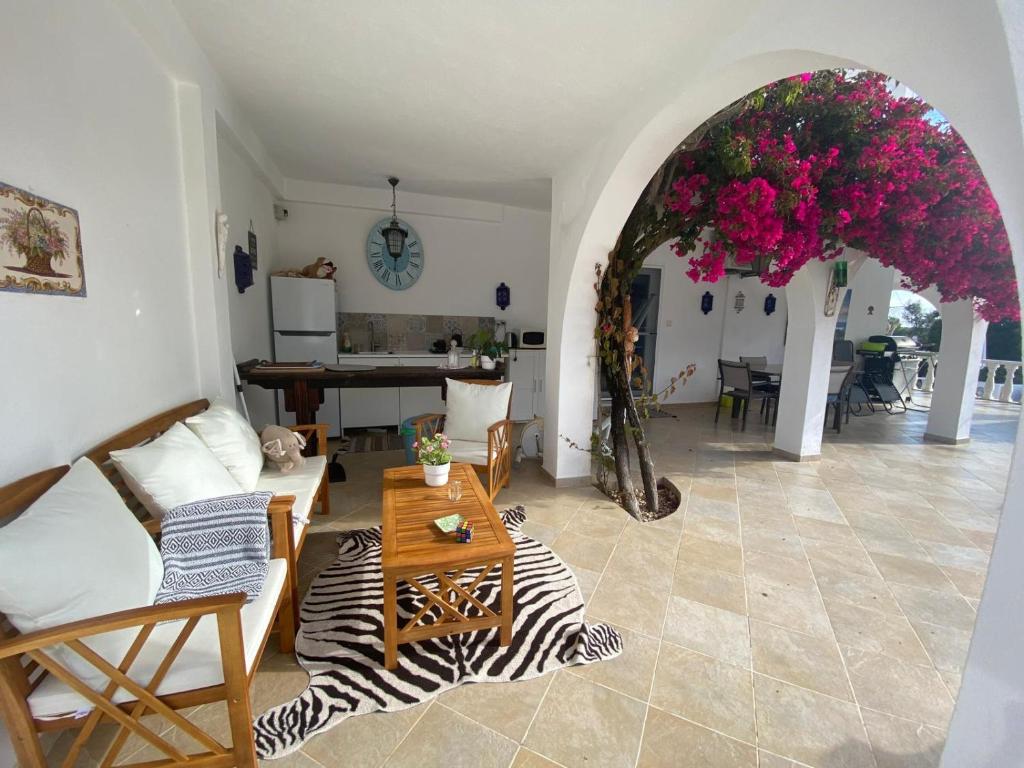 Posezení v ubytování Studio de la Casa Paraiso avec, en plus, une terrasse privative extérieure semi couverte équipée d'un salon d'un coin repas d'une kitchenette, la grande piscine et les jardins sont partagés, à proximité des plages de FUSETA et de la RIA FORMOSA