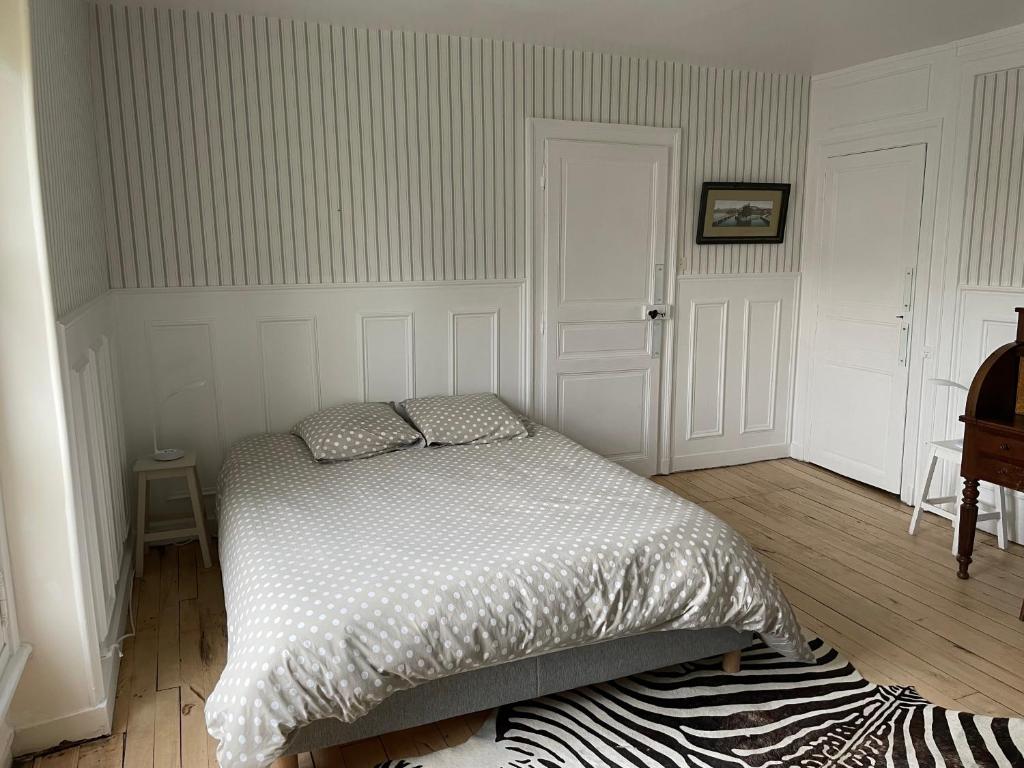 ein Schlafzimmer mit einem Bett und einem Zebra-Teppich in der Unterkunft Chambres à louer centre-ville in Le Mans