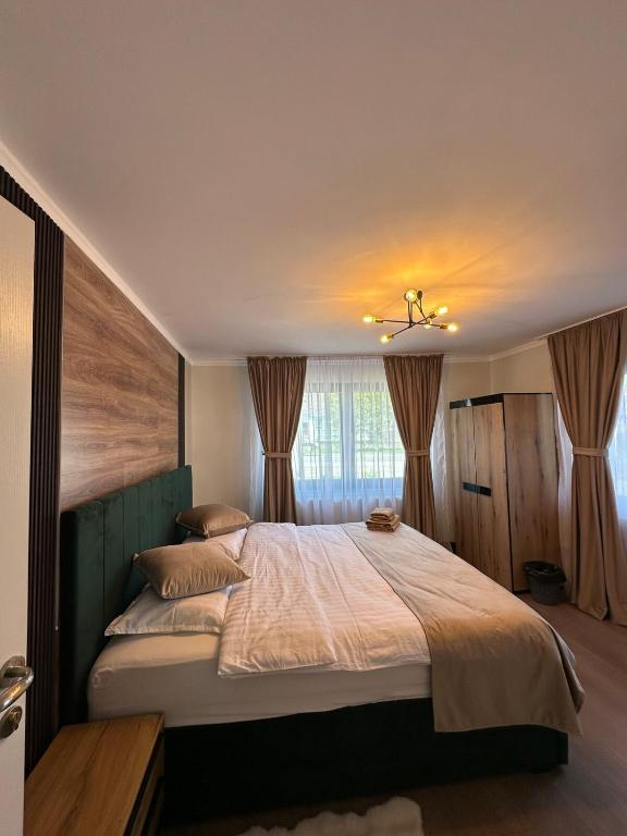 a bedroom with a large bed and a window at Apartament la casă in Bistriţa