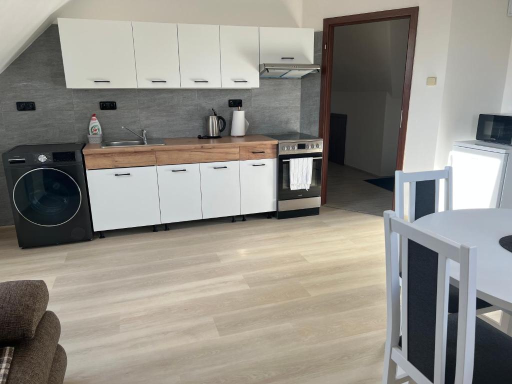 Kuchyň nebo kuchyňský kout v ubytování Podkrovní apartmán se společným bazénem